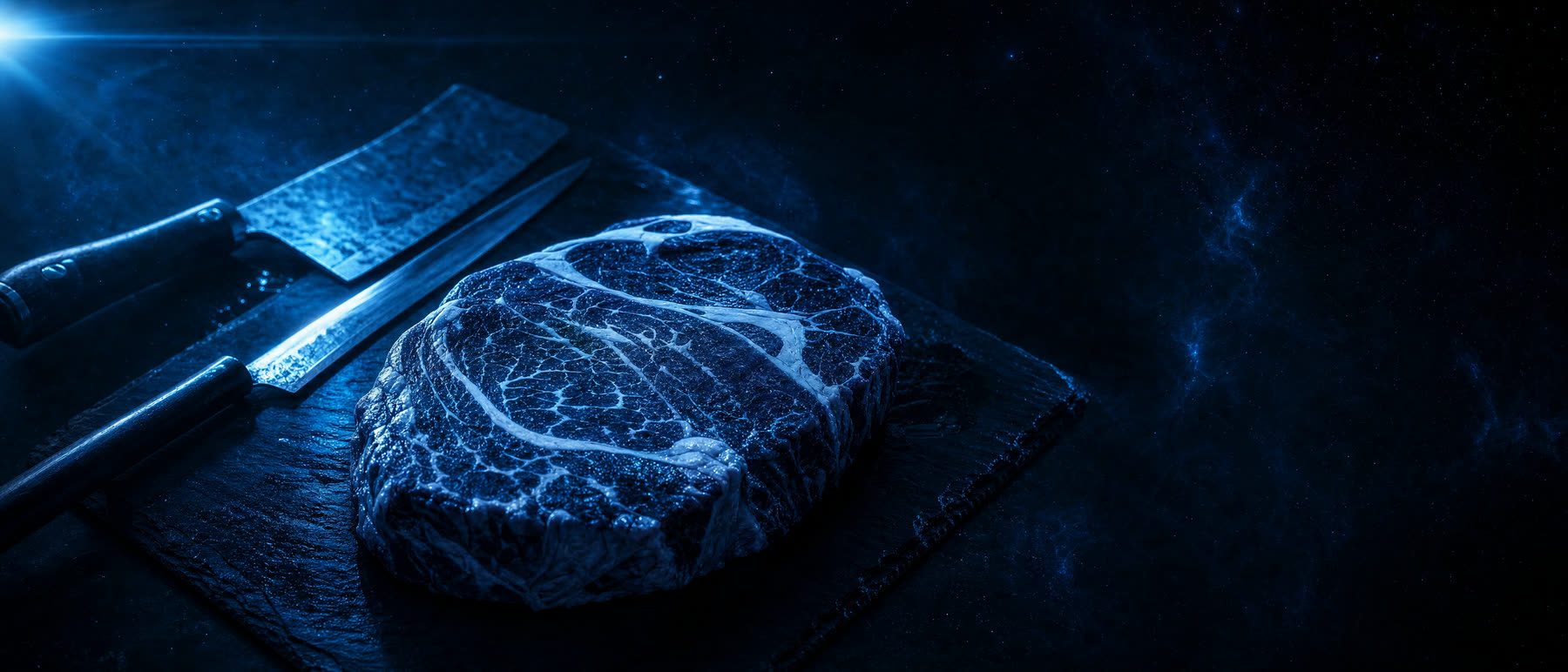 Premium dry-aged steak on a slate cutting board with butcher knives in dark cobalt-toned lighting