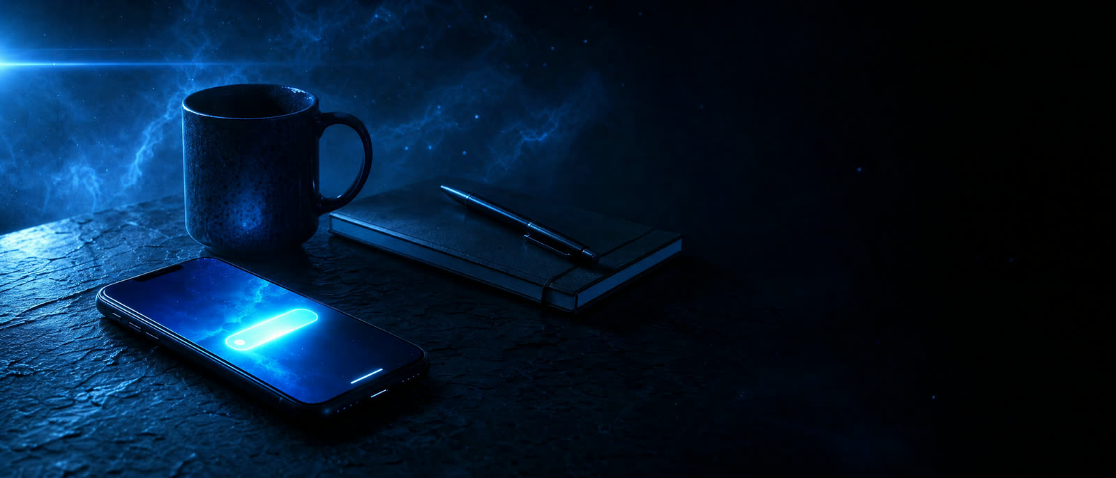 Phone screen glowing with an incoming call notification on a slate desk beside a cobalt ceramic mug and folded notebook