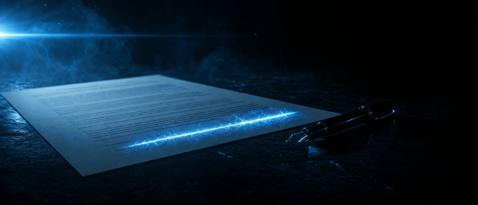 A contract document on slate with a glowing cyan plasma signature line and a fountain pen resting beside it