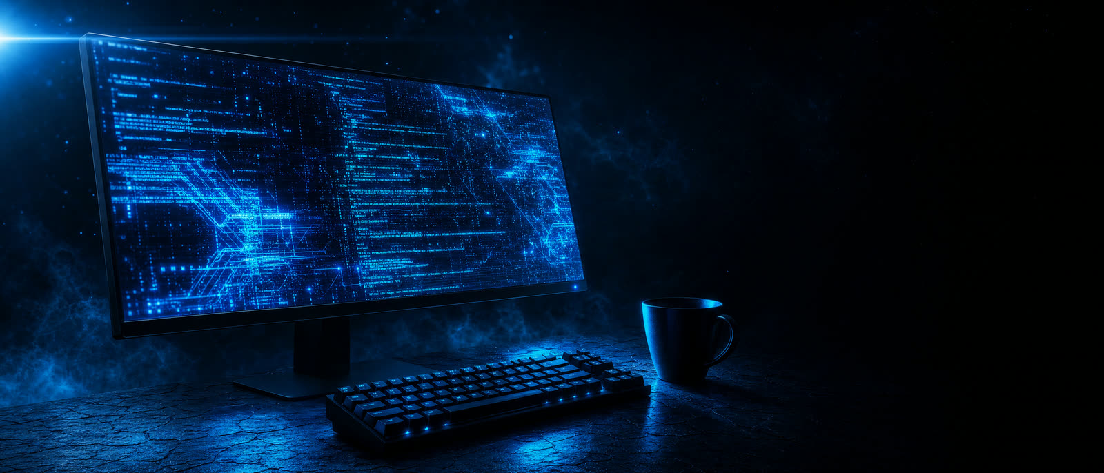Widescreen monitor on a slate desk showing abstract cyan code patterns, with a mechanical keyboard and cobalt mug beside it