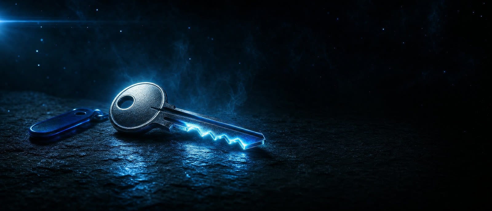 A metal key glowing with cyan plasma along its teeth, resting on slate beside a small cobalt keyring tag