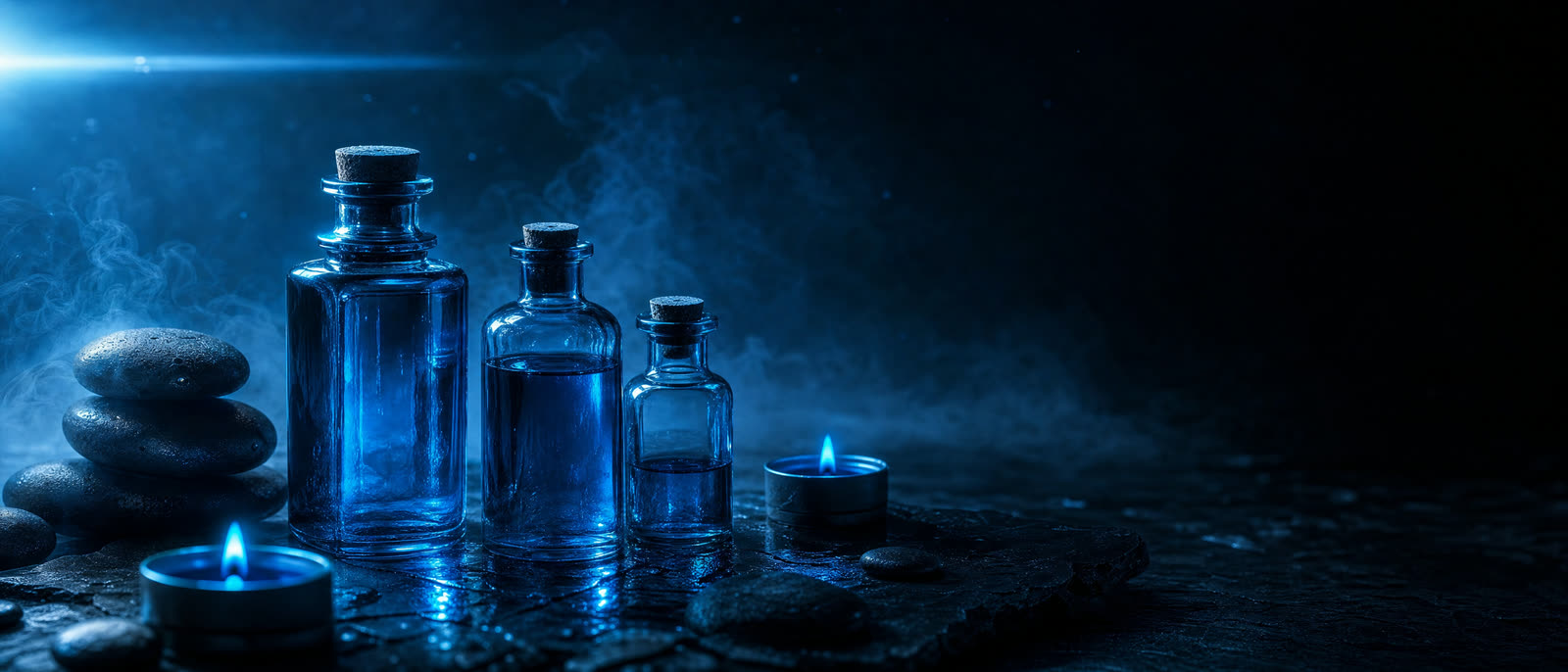 Three glass apothecary bottles of cobalt-tinted essential oils on a slate surface beside stacked river stones and two glowing cyan tea lights
