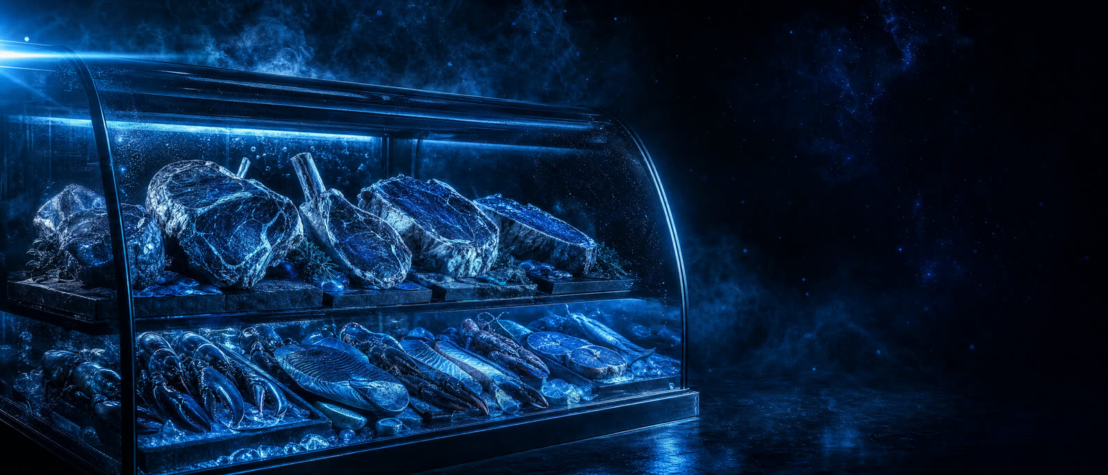 Glass butcher display case with premium cuts of steak on the top shelf and seafood on the bottom, glowing softly under cool cyan light